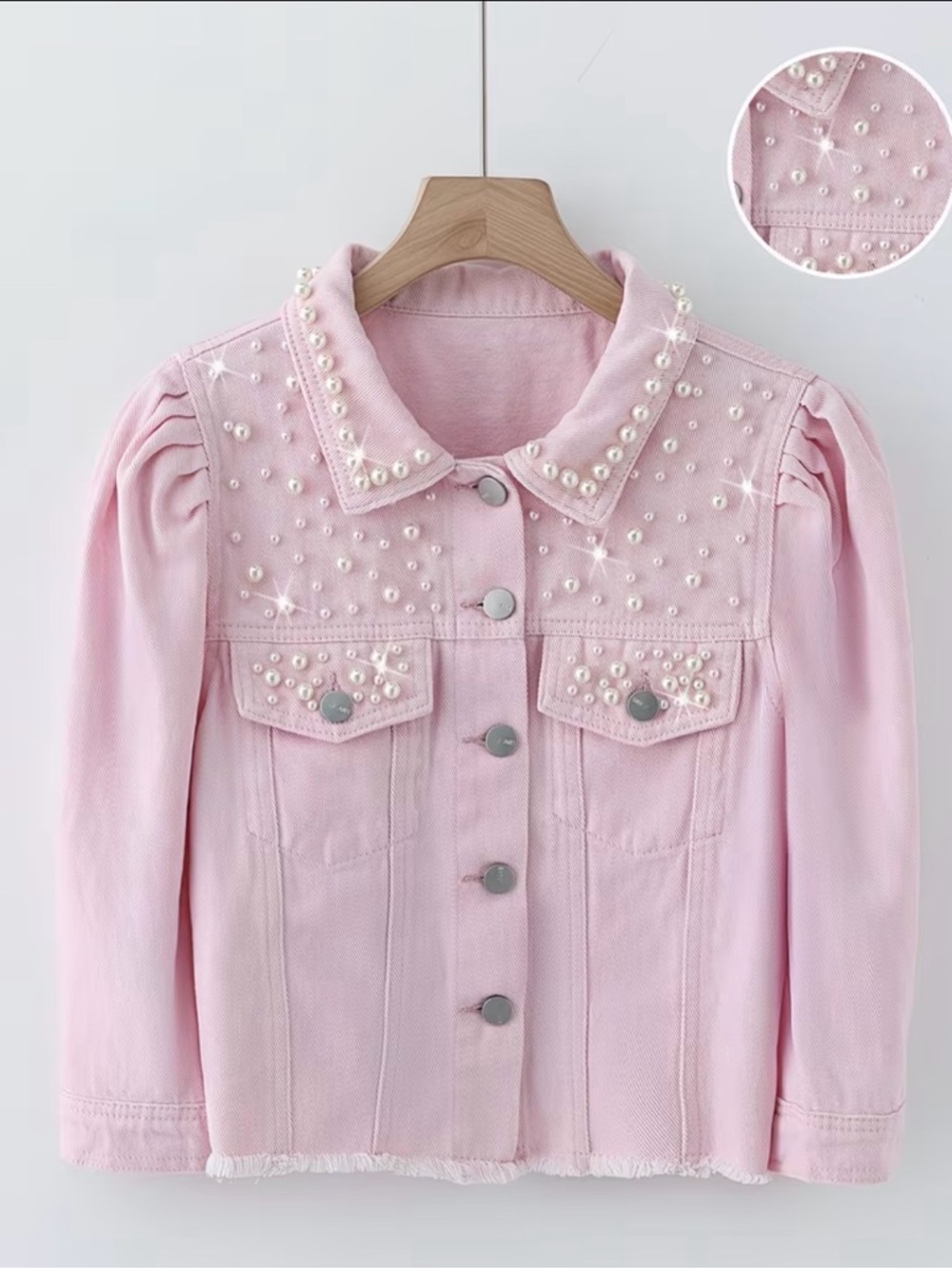 Pearl-Accent Pink Denim Jacket